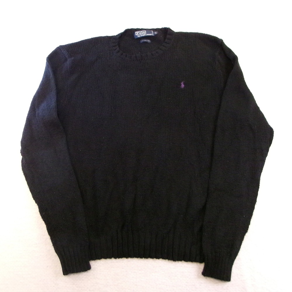 Polo Ralph Lauren Mens XL Sweater Black Cotton Crewneck Purple Pony Logo